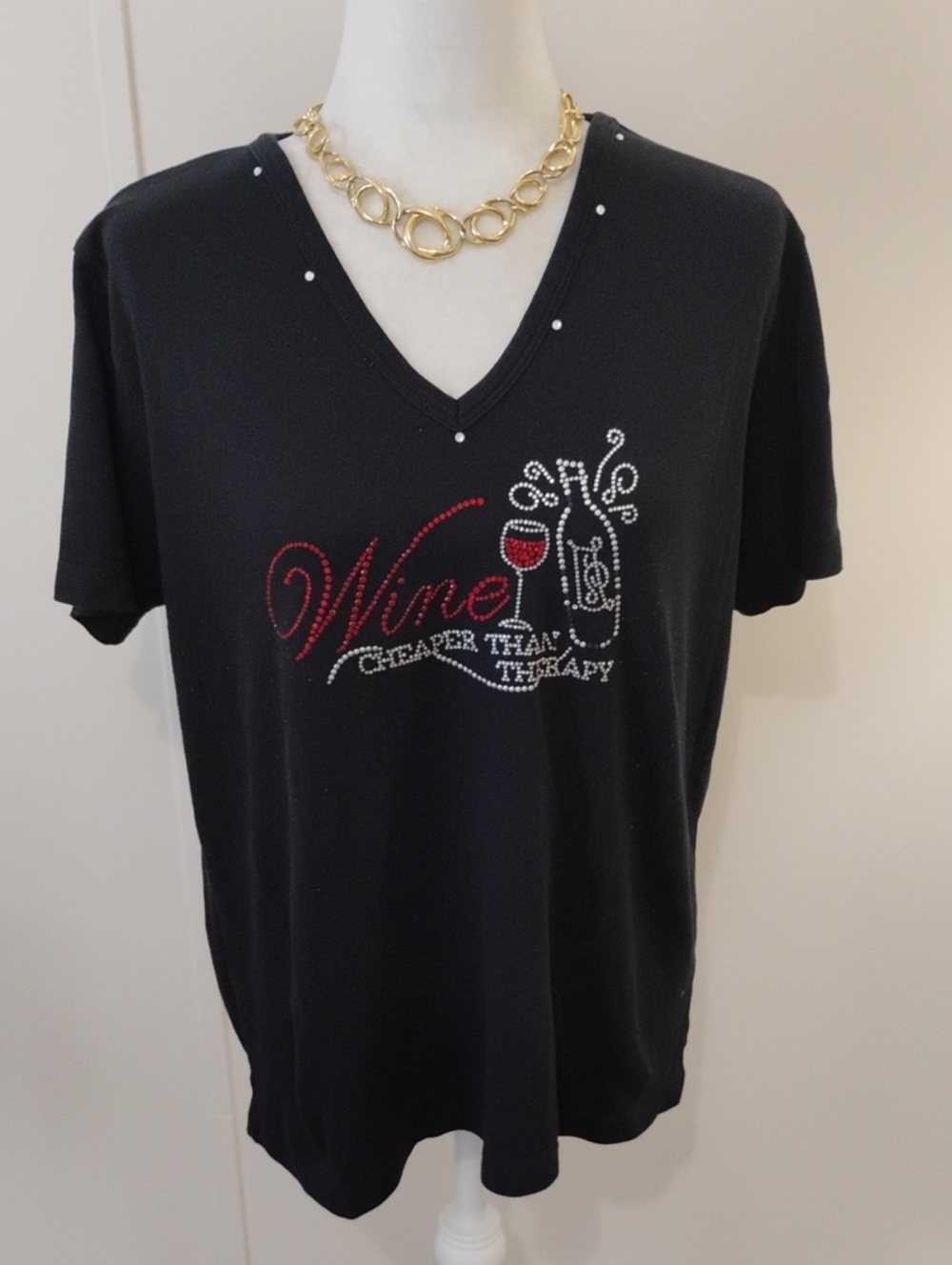 Wine Cheaper Than Therapy Short Sleeve V-Neck Tee - Black